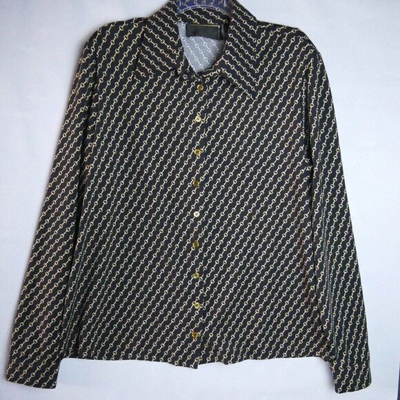 Diane Gilman Women's Size Large Blouse Button Down Black Golden Chain Print - Picture 1 of 12